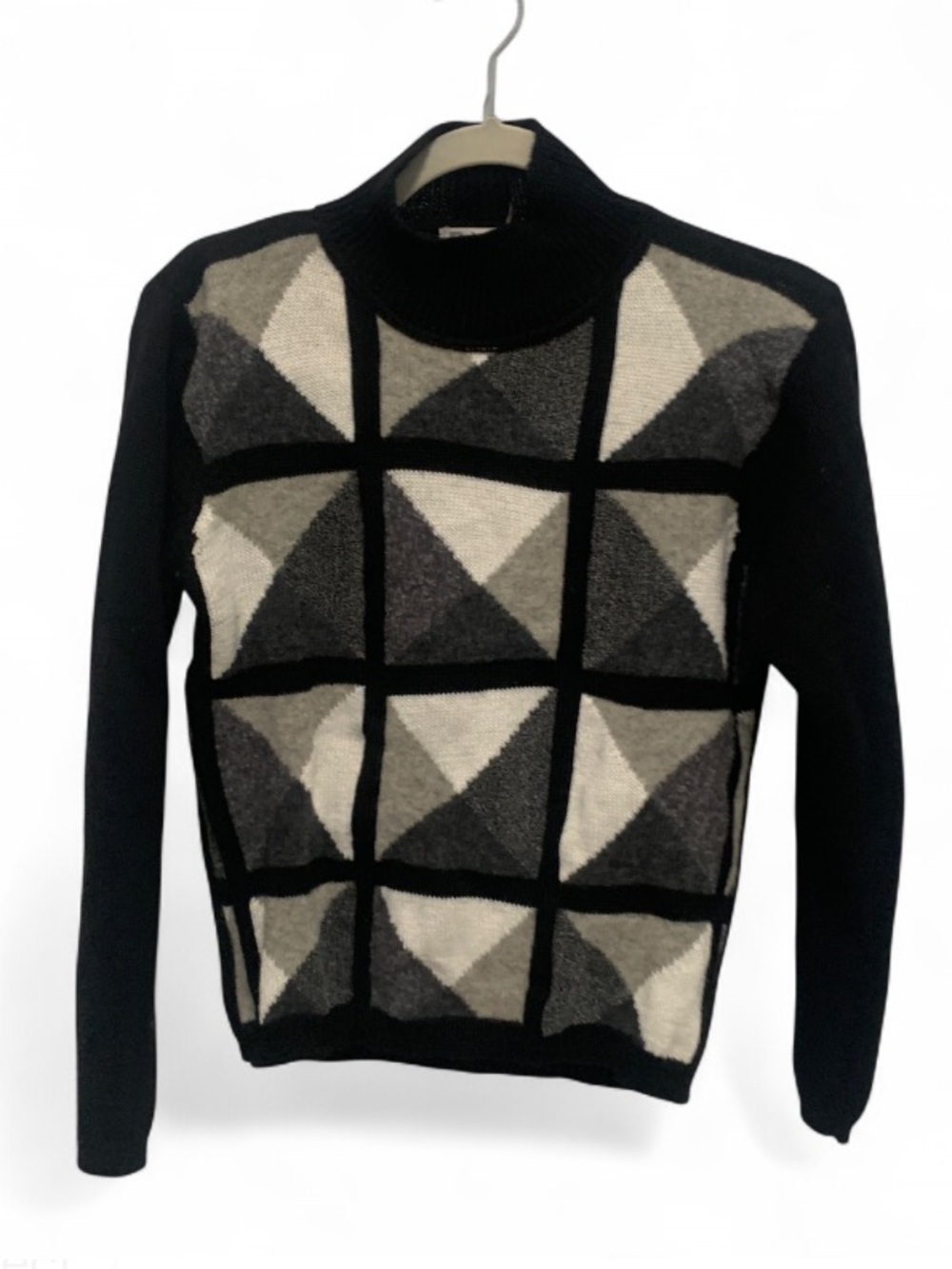 Y2K Dressbarn Black Geometric Panel Wool Blend Mock Neck Sweater